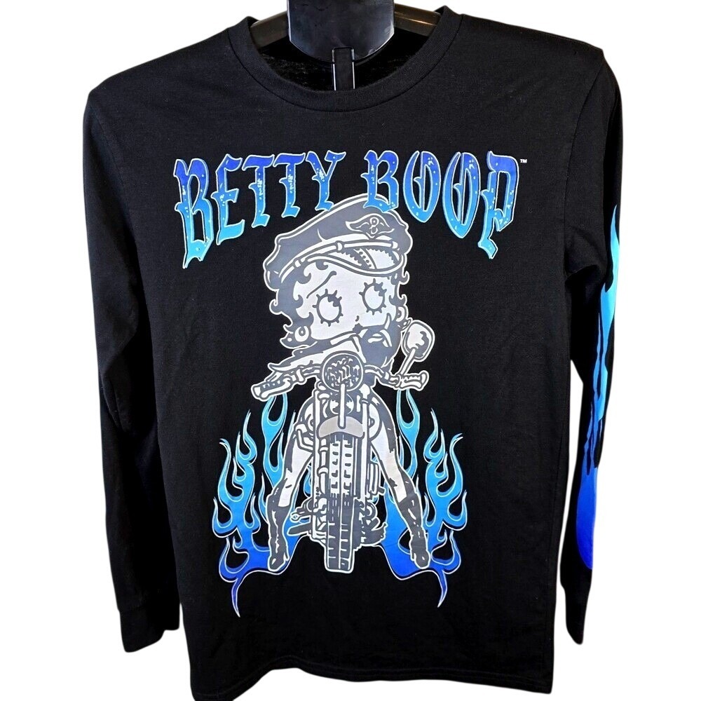 Betty Boop Long Sleeve Shirt Mens S Small Black Blue Flames Biker Motorcycle Tee